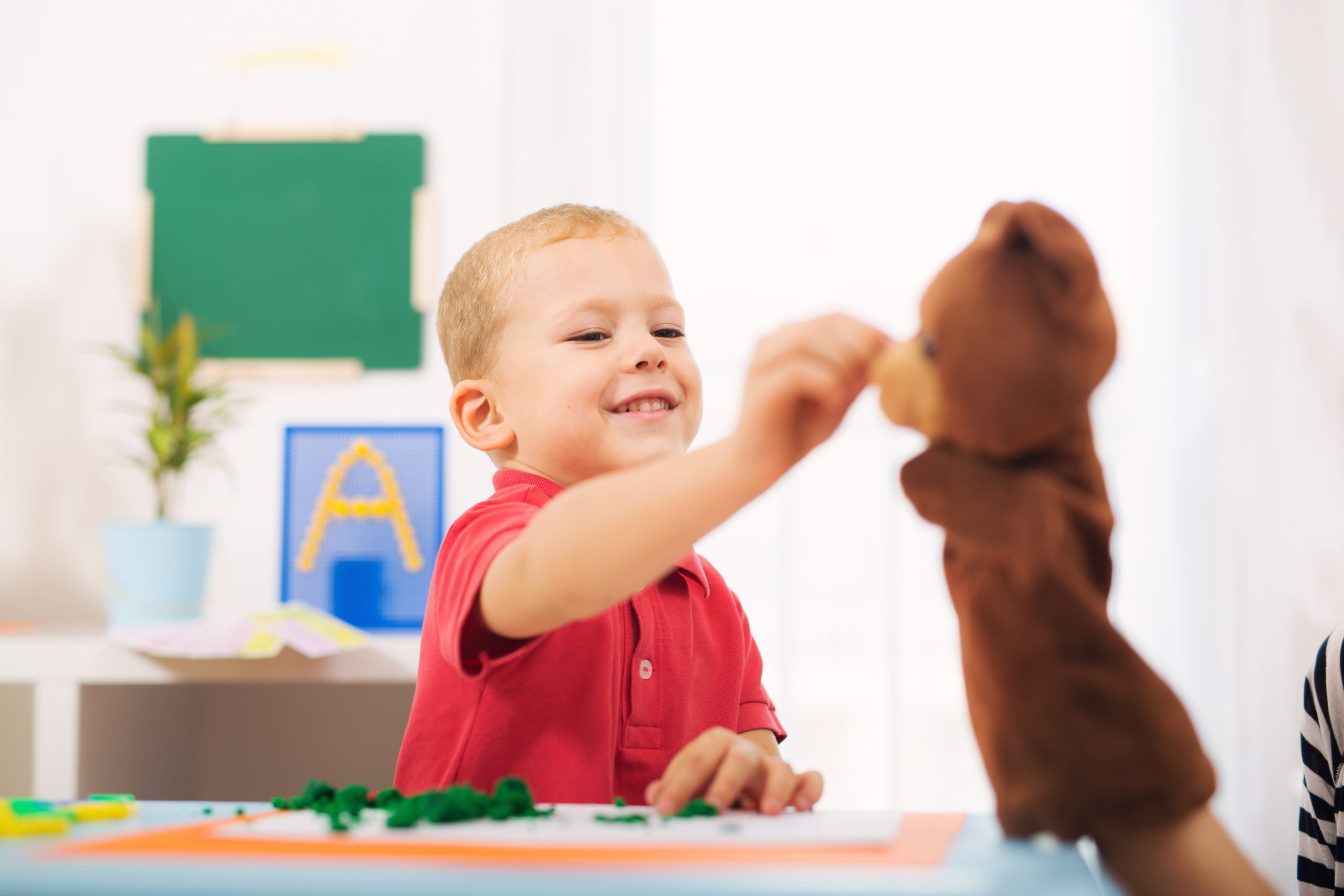 Little boy during lesson playing with a bear puppet