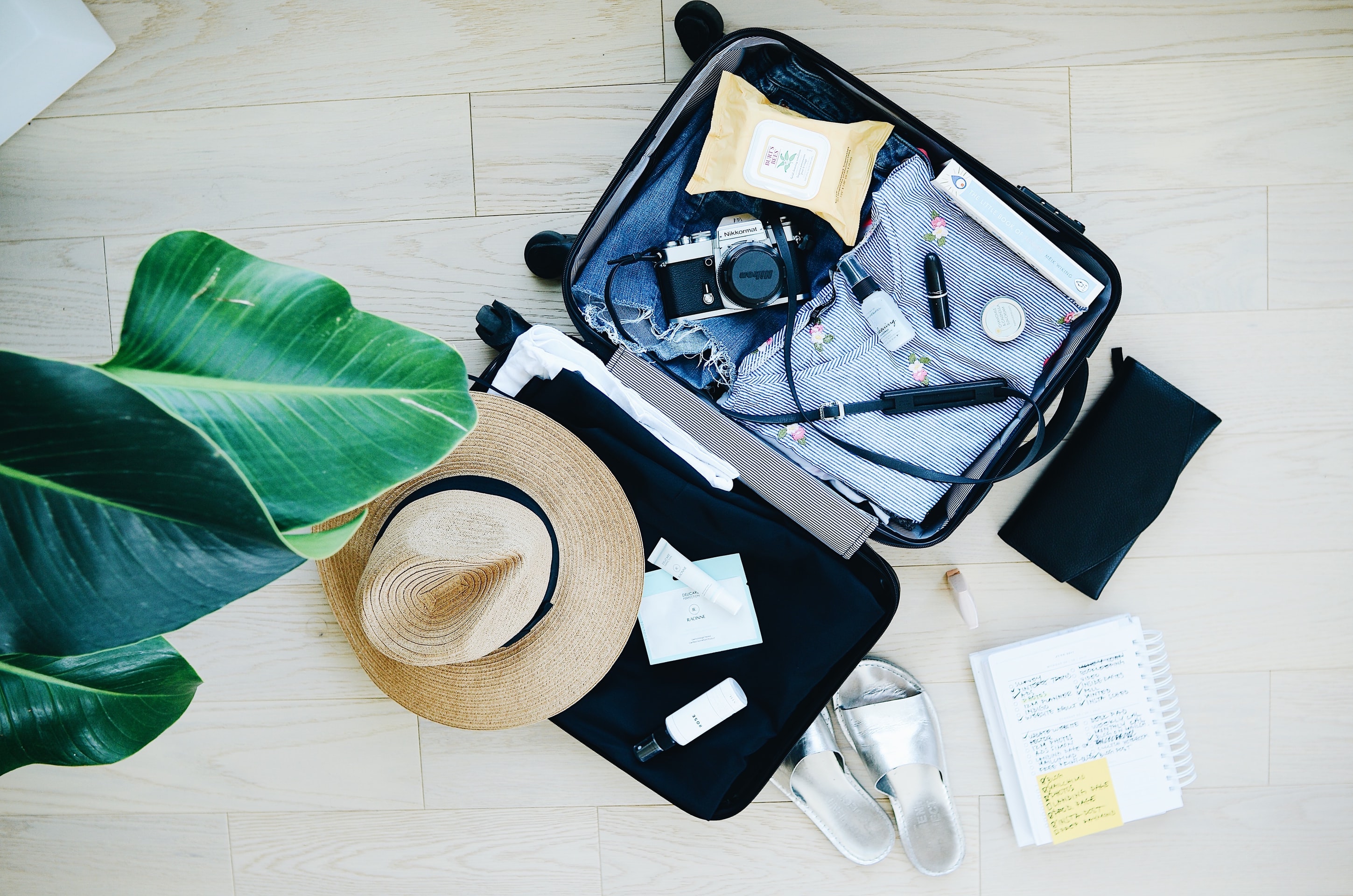 an open suitcase on the floor with clothes