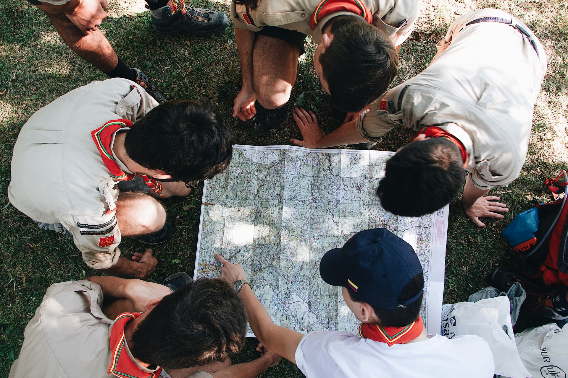 Scouts looking at a map together