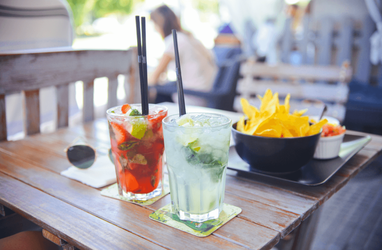 drinks on a table with chops